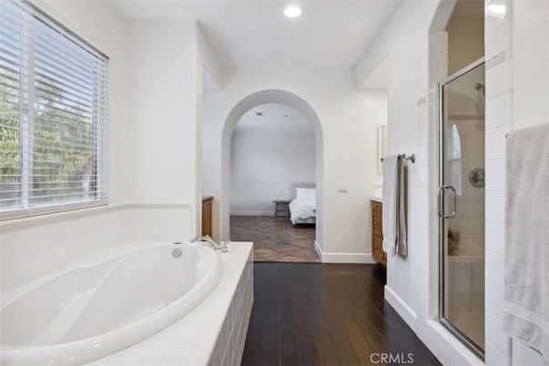 Bathroom, Bedroom, Glass Shower, Interior, Recessed Lighting, Wood Texture Flooring