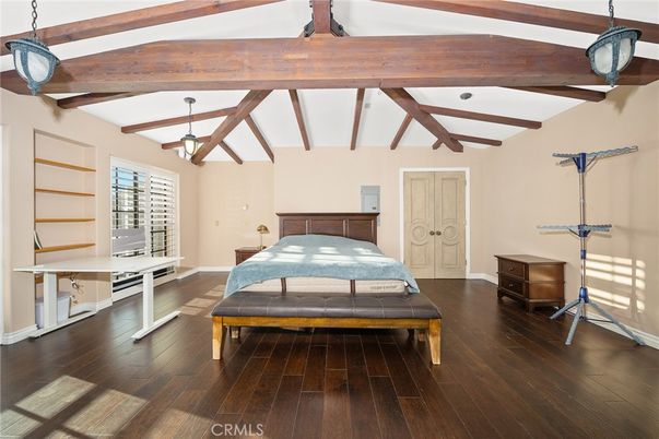 Bedroom, Interior, Pendant Lights, Wooden Beams, Wood Texture Flooring