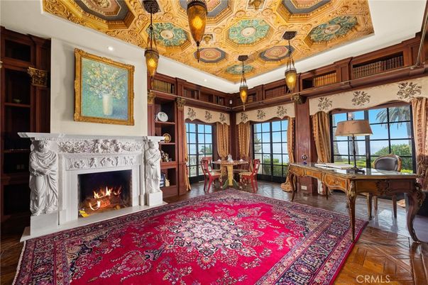 Fireplace, Home Office, Interior, Pendant Lights, Recessed Lighting, Wood Texture Flooring