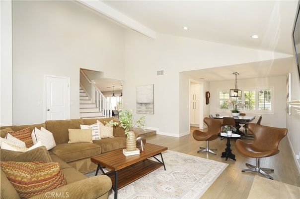 Dining room, Interior, Living room, Pendant Lights, Recessed Lighting, Wood Texture Flooring