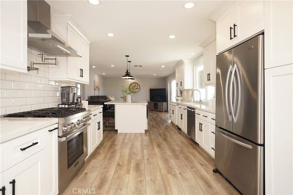 Interior, Kitchen, Pendant Lights, Recessed Lighting, Stainless Steel Appliances, Wood Texture Flooring