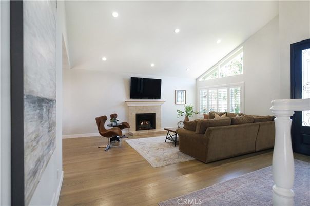 Fireplace, Interior, Living room, Recessed Lighting, Wood Texture Flooring