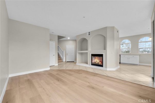 Empty room, Fireplace, Interior, Recessed Lighting, Wood Texture Flooring
