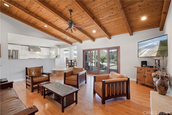 Interior, Kitchen, Living room, Recessed Lighting, Stainless Steel Appliances, Wooden Beams, Wooden Ceilings, Wood Texture Flooring