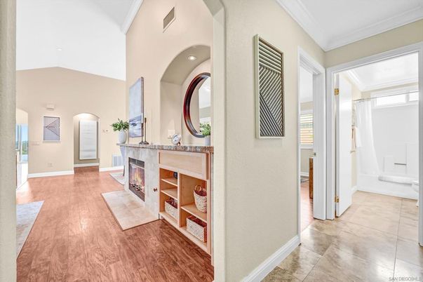 Fireplace, Interior, Recessed Lighting, Wood Texture Flooring