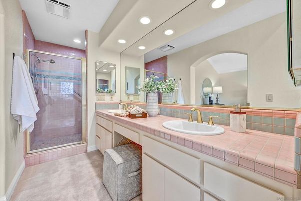 Bathroom, Glass Shower, Interior, Recessed Lighting, Tile Countertops
