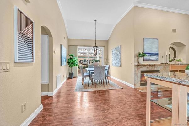 Dining room, Fireplace, Interior, Pendant Lights, Wood Texture Flooring