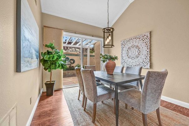 Dining room, Interior, Pendant Lights, Wood Texture Flooring