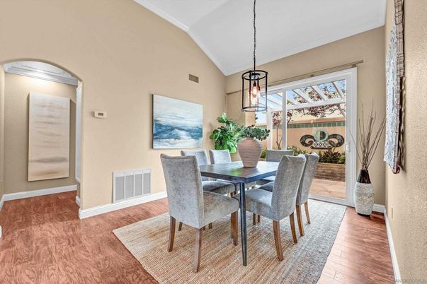 Dining room, Interior, Pendant Lights, Wood Texture Flooring
