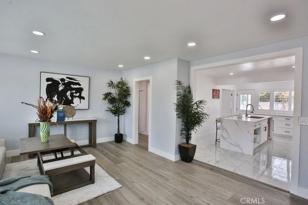 Interior, Kitchen, Marble, Recessed Lighting, Wood Texture Flooring