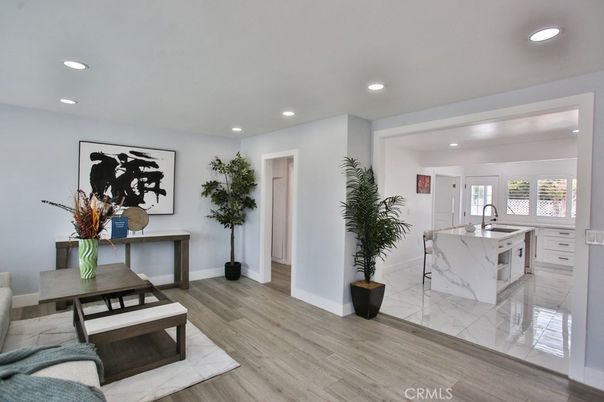 Interior, Kitchen, Marble, Recessed Lighting, Wood Texture Flooring