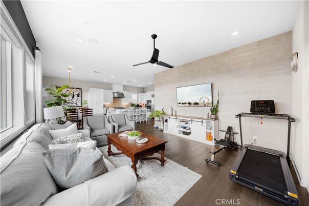 Dining room, Fitness Equipment, Interior, Kitchen, Living room, Pendant Lights, Recessed Lighting, Wood Texture Flooring