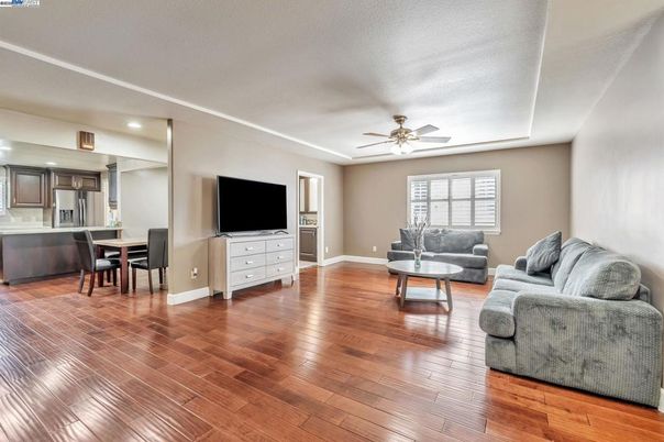 Dining room, Interior, Kitchen, Living room, Recessed Lighting, Wood Texture Flooring