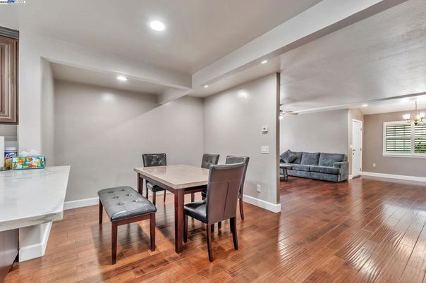 Dining room, Interior, Recessed Lighting, Wood Texture Flooring