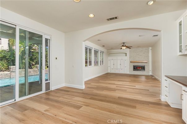 Empty room, Fireplace, Interior, Recessed Lighting, Wood Texture Flooring