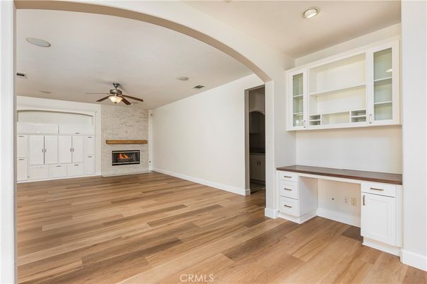Empty room, Fireplace, Interior, Recessed Lighting, Wood Texture Flooring