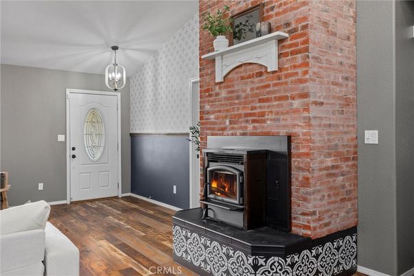 Fireplace, Interior, Pendant Lights, Stone Walls, Wood Texture Flooring