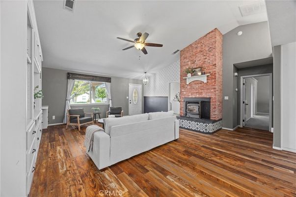 Fireplace, Interior, Living room, Stone Walls, Wood Texture Flooring