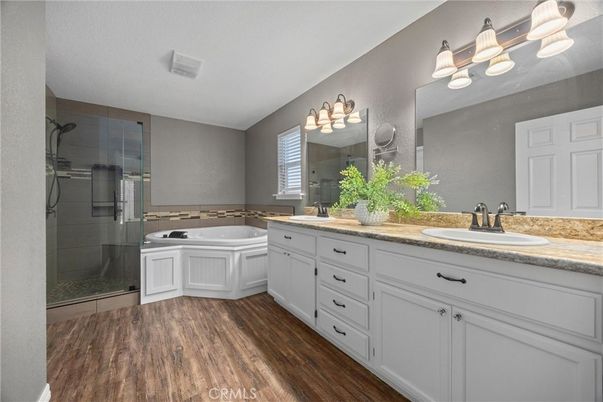 Bathroom, Dual Sink Vanities, Glass Shower, Interior, Wood Texture Flooring