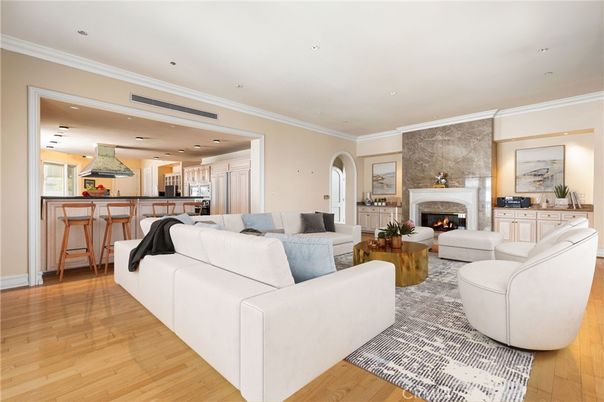Fireplace, Interior, Kitchen, Living room, Recessed Lighting, Wood Texture Flooring