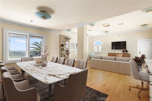 Dining room, Interior, Living room, Recessed Lighting, Wood Texture Flooring