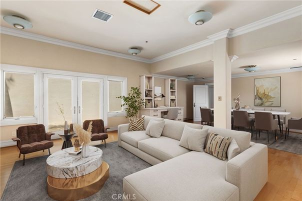 Dining room, Interior, Living room, Recessed Lighting, Wood Texture Flooring