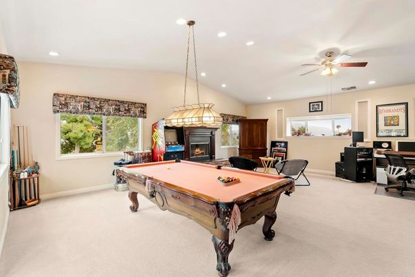 Billiard Table, Fireplace, Game Room, Home Office, Interior, Pendant Lights, Recessed Lighting