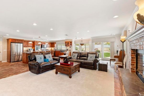 Fireplace, Interior, Kitchen, Living room, Pendant Lights, Recessed Lighting, Stainless Steel Appliances