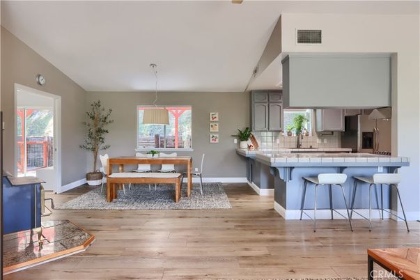 Dining room, Interior, Kitchen, Pendant Lights, Tile Countertops, Wood Texture Flooring