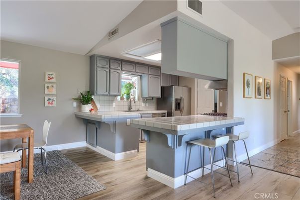 Interior, Kitchen, Tile Countertops, Wood Texture Flooring