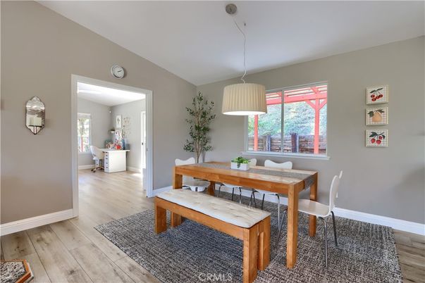 Dining room, Interior, Pendant Lights, Wood Texture Flooring
