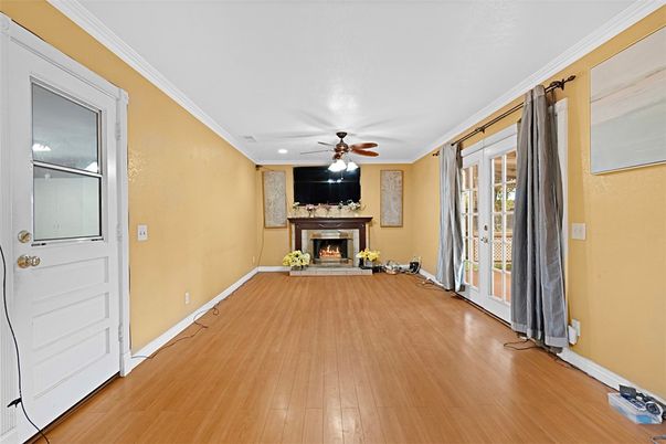 Empty room, Fireplace, Interior, Recessed Lighting, Wood Texture Flooring