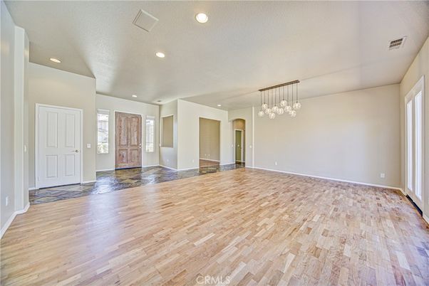 Empty room, Interior, Pendant Lights, Recessed Lighting, Wood Texture Flooring