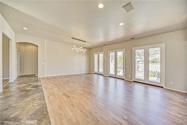 Empty room, Interior, Pendant Lights, Recessed Lighting, Wood Texture Flooring