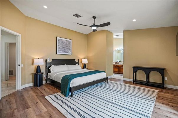 Bedroom, Interior, Recessed Lighting, Wood Texture Flooring