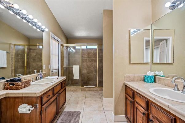 Bathroom, Dual Sink Vanities, Glass Shower, Interior, Tile Countertops