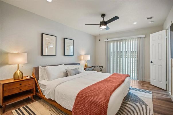 Bedroom, Interior, Recessed Lighting, Wood Texture Flooring