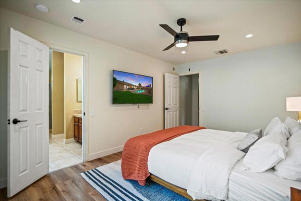 Bedroom, Interior, Recessed Lighting, Wood Texture Flooring