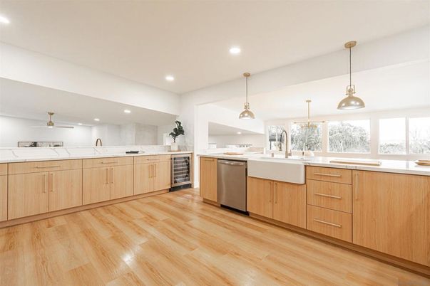 Interior, Kitchen, Pendant Lights, Recessed Lighting, Stainless Steel Appliances, Wood Texture Flooring
