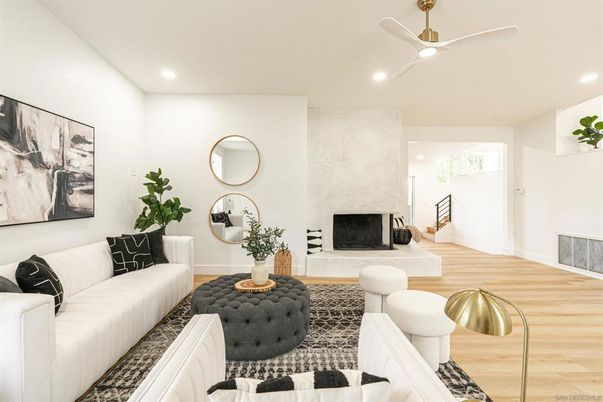 Fireplace, Interior, Living room, Recessed Lighting, Wood Texture Flooring
