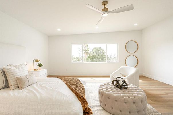 Bedroom, Interior, Recessed Lighting, Wood Texture Flooring