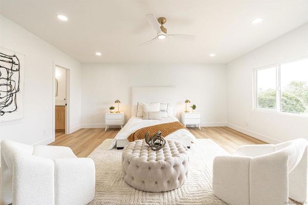 Bedroom, Interior, Recessed Lighting, Wood Texture Flooring