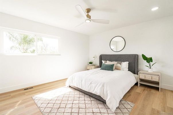 Bedroom, Interior, Recessed Lighting, Wood Texture Flooring