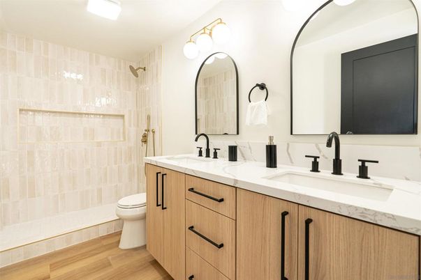 Bathroom, Dual Sink Vanities, Glass Shower, Interior, Wood Texture Flooring