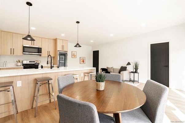 Dining room, Interior, Kitchen, Pendant Lights, Recessed Lighting, Stainless Steel Appliances, Wood Texture Flooring