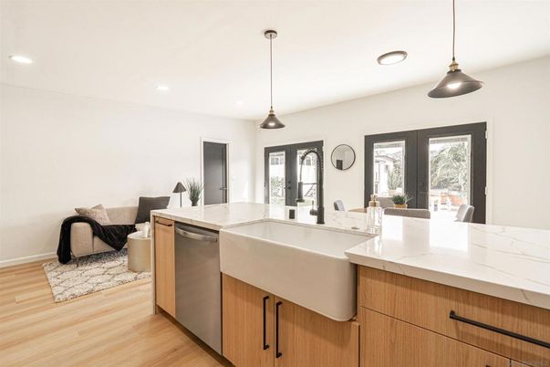 Interior, Kitchen, Pendant Lights, Recessed Lighting, Wood Texture Flooring