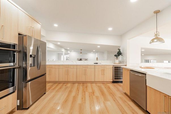 Interior, Kitchen, Pendant Lights, Recessed Lighting, Stainless Steel Appliances, Wood Texture Flooring