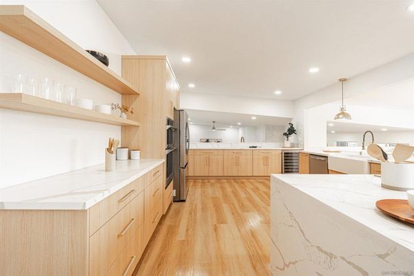 Interior, Kitchen, Pendant Lights, Recessed Lighting, Stainless Steel Appliances, Wood Texture Flooring