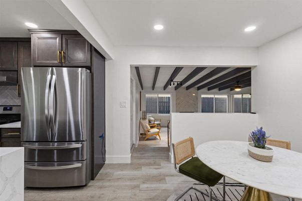 Dining room, Interior, Kitchen, Recessed Lighting, Stainless Steel Appliances, Wooden Beams, Wood Texture Flooring
