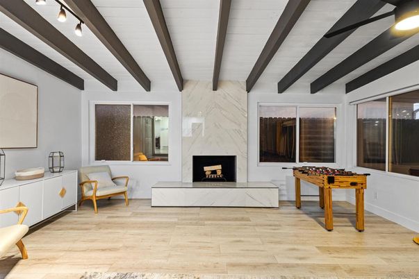 Fireplace, Game Room, Interior, Wooden Beams, Wood Texture Flooring